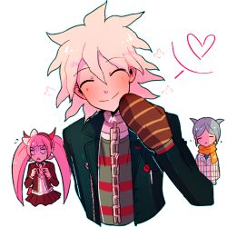 1girl 2boys alternate_costume blue_hair blue_shirt blunt_bangs blush bow brown_jacket brown_mittens brown_skirt chain closed_eyes closed_mouth commentary d: danganronpa_(series) danganronpa_another_episode:_ultra_despair_girls english_commentary eyelashes fake_horns flying_sweatdrops green_jacket green_shirt hair_bow hair_horns hairband hand_up heart highres horns huyandere jacket komaeda_nagito long_hair mittens multiple_boys official_alternate_costume open_clothes open_jacket open_mouth pink_hairband red_shirt scarf shingetsu_nagisa shirt short_hair simple_background skirt smile spoken_heart striped_clothes striped_shirt twintails two-tone_shirt upper_body utsugi_kotoko very_long_hair white_background white_bow white_hair white_jacket yellow_scarf