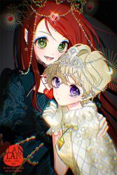 2girls black_dress blonde_hair chocolat_meilleure chromatic_aberration commentary_request dress earrings fangs green_eyes hair_between_eyes jewelry korean_commentary lan_lan long_hair multiple_girls orange_hair purple_eyes short_hair smile sugar_sugar_rune turtleneck upper_body vanilla_mieux white_dress witch