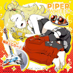 1girl armpit_crease axe barefoot battle_axe blonde_hair breasts character_name crop_top detached_pants ear_piercing feet goggles highres kiguchi_hikaru lying on_side piercing piper_wheel sleeping small_breasts soles solo toes too_many_watermarks watermark weapon zenless_zone_zero