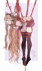 1girl animal_ears arms_behind_back black_thighhighs blonde_hair blue_eyes bound bound_arms bound_legs breasts crying crying_with_eyes_open highres looking_at_viewer mardamo medium_breasts original pleated_skirt shibari shibari_over_clothes skindentation skirt suspension tears thighhighs zettai_ryouiki