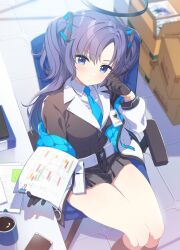 1girl black_gloves black_skirt blue_archive blue_eyes blue_necktie blush box breasts cardboard_box chair collared_shirt cup gloves hair_ornament halo holding jacket koruri long_hair long_sleeves looking_at_viewer medium_breasts mug necktie office_chair open_clothes paper pen pleated_skirt purple_hair shirt sitting skirt solo swivel_chair two_side_up white_shirt yuuka_(blue_archive)