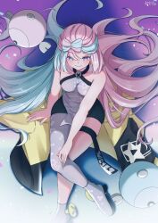 1girl arm_support black_shorts blue_hair boots bow-shaped_hair breasts crossed_legs grey_boots grey_pantyhose half-closed_eyes halter_shirt halterneck hand_on_own_knee hexagon_print highres iono_(pokemon) jacket long_hair low_twintails medium_breasts mochitaro_(mothitaroo) multicolored_hair nintendo on_floor oversized_clothes pantyhose pantyhose_under_shorts pink_hair pokemon pokemon_sv print_pantyhose print_shirt shirt shorts single_leg_pantyhose sitting smile solo split-color_hair thigh_strap twintails unworn_jacket x yellow_jacket