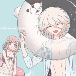 1boy 1girl :d :o animal_bag bare_shoulders bikini breasts brown_hair cat_bag cleavage collarbone danganronpa_(series) danganronpa_2:_goodbye_despair galaga hair_between_eyes innertube jacket komaeda_nagito komanami_kawaii large_breasts long_sleeves medium_hair mole mole_on_breast monokuma multicolored_hair nanami_chiaki open_clothes open_jacket open_mouth pink_bag pink_eyes smile spaceship_hair_ornament swim_ring swimsuit two-tone_hair white_bikini white_jacket