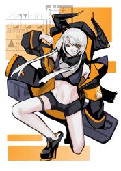 1girl absurdres black_bra black_jacket black_shorts bra closed_mouth dog_tags donuts_miso full_body grey_hair high_heels highres hood hooded_jacket horned_hood horns jacket karenina:_blast_(pgr) karenina_(pgr) long_sleeves navel orange_eyes orange_jacket punishing:_gray_raven short_hair_with_long_locks short_shorts shorts solo sports_bra two-sided_fabric two-sided_jacket underwear