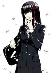 10s 1girl bad_id bad_pixiv_id bag black_jacket black_skirt brown_hair closed_mouth club3 commentary_request female_focus grey_hair hair_ornament highres jacket long_hair long_sleeves looking_at_viewer pale_skin persona persona_5 petals shoulder_bag signature skirt smile solo tougou_hifumi