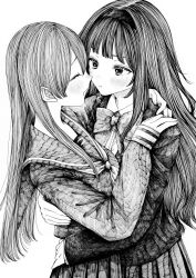2girls arm_around_neck blush bow bowtie closed_eyes closed_mouth commentary_request greyscale hand_on_another&#039;s_shoulder hands_on_another&#039;s_waist highres long_hair looking_at_another monochrome multiple_girls open_mouth original pleated_skirt roroichi school_uniform serafuku skirt smile traditional_media yuri