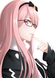 1boy absurdres bespectacled black_jacket borumete check_commentary closed_mouth commentary commentary_request finger_to_mouth from_side glasses hairband highres holostars jacket long_hair long_sleeves male_focus pink_hair purple_eyes simple_background sleeves_past_wrists solo trap tsukishita_kaoru turtleneck upper_body virtual_youtuber white_background