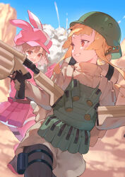 2girls blonde_hair blurry blurry_background brown_eyes brown_hair explosion explosion_background fukaziroh_(sao) green_helmet green_vest grenade_launcher gun hat helmet highres holding holding_gun holding_weapon iwashi_111 jacket llenn_(sao) multiple_girls official_art pants pink_hat pink_jacket pink_pants second-party_source sword_art_online sword_art_online_alternative:_gun_gale_online vest weapon