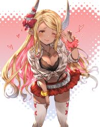 1girl amesuku_gyaru ayacho belt black_bra blonde_hair blush bra bracelet breasts cleavage closed_mouth commentary_request dark_skin draph embarrassed granblue_fantasy granblue_fantasy_(style) gyaru highleg highleg_panties horn_ornament horn_ribbon horns jewelry kogal kumbhira_(granblue_fantasy) large_breasts long_hair miniskirt necklace one_eye_closed panties panty_straps pointy_ears polka_dot polka_dot_background red_skirt ribbon scrunchie shirt skirt solo thighhighs tied_shirt underwear v white_thighhighs wrist_scrunchie zettai_ryouiki