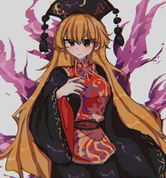 1girl black_dress chinese_clothes cowboy_shot crying crying_with_eyes_open dalachi_(headdress) dress energy fox_tail grey_background hand_up highres junko_(touhou) long_hair multiple_tails orange_hair owatakun red_eyes red_tabard solo tabard tail tassel tears touhou