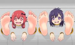 Rule 34 | 2girls, absurdres, badbadfish, barefoot, blush, fang, feet, foot focus, gabriel dropout, highres, hypnosis, long hair, mind control, multiple girls, open mouth, purple eyes, red eyes, red hair, restrained, saliva, satanichia kurumizawa mcdowell, skin fang, soles, toes, vignette tsukinose april