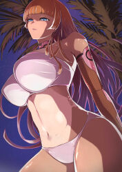 1girl bikini blonde_hair blue_eyes breasts huge_breasts koukawa_asuka long_hair navel palm_tree star_(sky) swimsuit taimanin_(series) taimanin_asagi taimanin_asagi_3 tree white_bikini