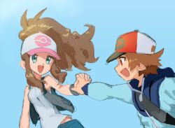 1boy 1girl antenna_hair baseball_cap blue_background blue_eyes blue_jacket brown_hair hat hilbert_(pokemon) hilda_(pokemon) holding_hands interlocked_fingers jacket looking_at_another nintendo nyagiratwist pokemon pokemon_bw smile source_request wristband
