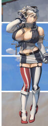 Rule 34 | 1girl, absurdres, american flag, american flag legwear, asymmetrical legwear, black hair, blonde hair, blue eyes, blue sky, breasts, cleavage, crane (machine), elbow gloves, front-tie top, full body, garter straps, gloves, headgear, highres, kantai collection, large breasts, long hair, mismatched legwear, multicolored hair, overlapped images, skirt, sky, solo, star-shaped pupils, star (symbol), striped clothes, striped skirt, striped thighhighs, symbol-shaped pupils, thighhighs, two-tone hair, uss missouri (bb-63) (personification), vertical-striped clothes, vertical-striped skirt, vertical-striped thighhighs, ye fan