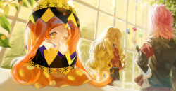 Rule 34 | 6+girls, armband, black jacket, blonde hair, cape, capelet, dia (shugo chara!), egg, facing away, finger to mouth, highres, hinamori amu, jacket, long hair, long sleeves, looking at viewer, mashiro rima, miki (shugo chara!), multiple girls, nani (s2 nani), one eye closed, orange eyes, orange hair, plaid cape, plaid capelet, plaid clothes, ran (shugo chara!), red armband, red cape, school uniform, shugo chara!, shushing, suu (shugo chara!), twintails, wavy hair, window