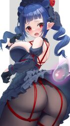 1girl absurdres ass black_bow black_dress black_gloves blue_hair blush bow breasts commission dizzy_dokuro dizzy_dokuro_(1st_costume) double_bun dress flower frilled_dress frills gloves hair_bun hair_flower hair_ornament highres humo large_breasts long_hair looking_back open_mouth pantyhose phase_connect red_eyes red_flower red_rose rose second-party_source shadow shibari shibari_over_clothes shibari_under_clothes shoulder_blades skeb_commission solo virtual_youtuber