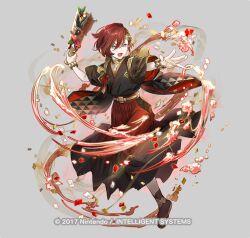 1boy animal_ears azu-taro bat_ears black_socks circlet elm_(fire_emblem) elm_(new_year)_(fire_emblem) emblem fire_emblem fire_emblem_heroes full_body grey_background hagoita hair_over_one_eye japanese_clothes kimono male_focus nintendo official_art open_mouth paddle red_hair rope sandals shimenawa smile socks solo tabi trap zouri