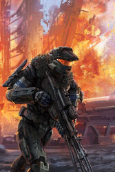 1boy absurdres anti-materiel_rifle armor assault_visor combat_knife concept_art explosion explosion_background fire gun halo:_reach halo_(series) helmet highres holding holding_gun holding_weapon isaac_hannaford jun-a266 knife official_art photoshop_(medium) power_armor rifle running science_fiction sniper_rifle solo spartan_(halo) srs99 weapon