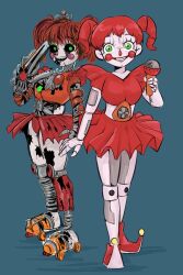 1girl blush_stickers circus_baby_(fnaf) clothed_robot clown_nose commentary english_commentary five_nights_at_freddy&#039;s grape_gumgum green_background green_eyes highres holding holding_microphone humanoid_robot jester_shoes microphone red_hair red_shirt red_skirt robot sharp_teeth shirt simple_background skirt smile teeth twintails