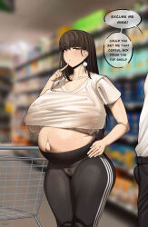1boy 1girl absurdres areola_slip artist_name big_belly blush breasts brown_eyes brown_hair bulge cameltoe collarbone covered_erect_nipples cowboy_shot curvy earrings english_text erection erection_under_clothes female_focus highres huge_breasts indoors lactation lactation_through_clothes large_areolae large_nipples long_hair looking_at_another midriff no_bra no_panties original outie_navel pants pearl_earrings plump pregnant see-through_clothes shopping_cart signature skin_tight slush5244 solo_focus speech_bubble standing straight_hair supermarket thick_thighs thighs underboob very_long_hair wide_hips yoga_pants