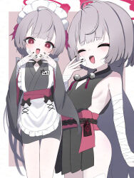 1girl absurdres alternate_costume apron bandaged_arm bandages bell black_nails blue_archive closed_eyes enmaided grey_hair halo highres japanese_clothes jingle_bell long_hair long_sleeves maid maid_headdress multiple_views nail_polish obi open_mouth purple_eyes purple_halo sash shuro_(blue_archive) sideless_outfit teeth upper_teeth_only very_long_hair wa_maid waist_apron yuu_(yuu1601)