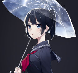 1girl black_hair black_sailor_collar black_serafuku black_shirt blue_eyes blush commentary female_focus fingernails grey_background hair_between_eyes high_ponytail holding holding_umbrella long_sleeves looking_away looking_to_the_side neckerchief original parted_lips ponytail red_neckerchief sailor_collar school_uniform serafuku shirt sidelocks simple_background solo the_cold transparent transparent_umbrella umbrella wet