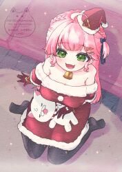 1girl 35p_(sakura_miko) :d ahoge amari_(ama_shiiiiiiba) bare_shoulders bell black_pantyhose bracelet braid breasts center-flap_bangs cleavage commentary_request creature_on_lap double-parted_bangs dress from_above full_body fur-trimmed_dress fur-trimmed_headwear fur_trim green_eyes hair_ornament hairclip half_up_braid half_updo hat highres hololive hololive_christmas_outfit jewelry lap_pillow large_breasts long_hair looking_at_viewer mini_hat mini_santa_hat neck_bell no_shoes off-shoulder_dress off_shoulder official_alternate_costume official_alternate_hairstyle open_mouth pantyhose pink_hair red_dress red_hat sakura_miko santa_costume santa_dress santa_hat short_dress sitting smile solo triangle_bracelet virtual_youtuber wariza