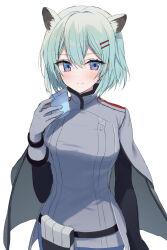1girl animal_ears bird blue_archive blue_eyes cup gloves green_hair hair_ornament hairpin highres kuro_futoshi parrot purple_eyes shigure_(blue_archive) simple_background white_background