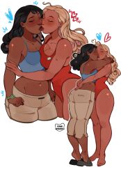 2girls arms_around_neck ass barefoot black_hair blonde_hair blue_shirt blush breasts closed_eyes crop_top dark-skinned_female dark_skin disney hands_on_another&#039;s_back highres kamii_momoru khaki_pants kiss large_breasts lifeguard lifeguard_(lilo_&amp;_stitch) lilo_&amp;_stitch long_hair multiple_girls nani_pelekai navel one-piece_swimsuit red_one-piece_swimsuit sandals shirt swimsuit thick_thighs thighs white_background yuri