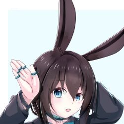 Rule 34 | 1girl, absurdres, amiya (arknights), animal ear fluff, animal ears, arknights, arm behind head, arms up, black jacket, blue background, blue eyes, brown hair, commentary request, dated, hair between eyes, highres, jacket, jewelry, li mama, long sleeves, open mouth, puffy long sleeves, puffy sleeves, rabbit ears, ring, signature, solo, upper body