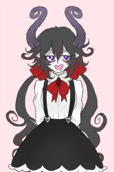 1girl arms_behind_back black_hair black_skirt black_suspenders blush bow bowtie collared_shirt colored_skin demon_girl demon_horns drooling frilled_skirt frills funamusea gallaxi genderswap genderswap_(mtf) hair_between_eyes hair_bow horns long_hair low_twintails open_mouth pink_background pointy_ears purple_eyes red_bow red_bowtie satanick_(funamusea) shirt sidelocks simple_background sketch skirt solo suspender_skirt suspenders twintails upper_body very_long_hair white_shirt white_skin
