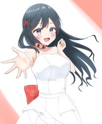1girl :d absurdres arm_up back_bow bare_shoulders black_hair blush bow breasts collarbone commentary_request cowboy_shot double-parted_bangs dress eternalize_love!!_(love_live!) floating_hair flower foreshortening frilled_dress frills grey_eyes hair_flower hair_ornament hand_up highres large_breasts long_hair looking_at_viewer love_live! love_live!_nijigasaki_high_school_idol_club official_alternate_costume one_side_up open_hand open_mouth outstretched_arm panaham red_bow red_flower simple_background smile solo strapless strapless_dress tokimeki_no_mirai_chizu wedding_dress white_background white_dress yuki_setsuna