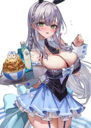 1girl absurdres animal_ears black_necktie blush bottle breasts cleavage cosplay dress fake_animal_ears fishnet_thighhighs fishnets food garter_straps green_eyes high_heels highres holding holding_tray hololive large_breasts long_hair looking_at_viewer necktie rabbit_ears rum_raisin_(chihiromakita19) shirogane_noel simple_background solo standing thighhighs thighs tray usada_pekora usada_pekora_(cosplay) usada_pekora_(furi_furi_bunny_dress) virtual_youtuber white_background
