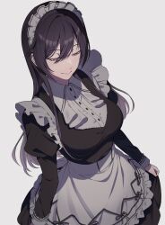 1girl absurdres alternate_costume apron black_dress black_hair breasts commentary dress enmaided frilled_apron frills hair_between_eyes half-closed_eyes highres idolmaster idolmaster_shiny_colors juliet_sleeves large_breasts long_hair long_sleeves maid maid_apron maid_headdress puffy_sleeves randompeeps shirase_sakuya simple_background smile solo straight_hair very_long_hair white_apron white_background