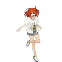 1girl ahoge belt casual command_spell crop_top fate/grand_order fate_(series) fujimaru_ritsuka_(female) fujimaru_ritsuka_(female)_(summer_street) full_body game_cg green_belt grey_shorts hood hood_down hoodie jewelry looking_at_viewer medium_hair midriff navel necklace official_art one_side_up open_mouth orange_eyes orange_hair see-through_clothes see-through_hoodie shoes short_sleeves shorts smile solo standing standing_on_one_leg tachi-e takeuchi_takashi third-party_source transparent_background watch white_shoes wristwatch