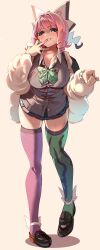 Rule 34 | 1girl, absurdres, blue skirt, blush, bow, bowtie, breasts, collared shirt, drill hair, eyeshadow, flipped hair, fur jacket, green bow, green bowtie, hair bow, hairband, highres, jacket, klara (pokemon), makeup, miniskirt, mole, mole under mouth, momdy (talesshinja), nintendo, open clothes, open jacket, open mouth, pink eyeshadow, pink hair, pink lips, pleated skirt, pokemon, pokemon swsh, purple eyes, school uniform, shirt, short hair, skirt, smile, solo, sweater vest, teeth, thighhighs, twin drills, two-tone thighhighs, white bow, white hairband, white shirt