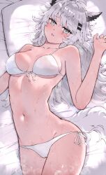 Rule 34 | 1girl, animal ears, arknights, bikini, breasts, cameltoe, commentary request, front-tie bikini top, front-tie top, grey eyes, grey hair, hair ornament, hairclip, highres, kyuu (plastic night q), lappland (arknights), long hair, looking at viewer, lying, medium breasts, navel, paid reward available, parallel hairclips, scar, side-tie bikini bottom, solo, swimsuit, tail, white bikini, wolf ears, wolf girl, wolf tail