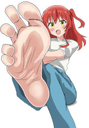 1girl barefoot blush bocchi_the_rock! feet green_eyes highres kita_ikuyo long_hair looking_at_viewer open_mouth red_hair riokasen side_ponytail soles toes