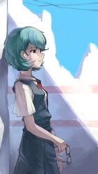 1girl absurdres aqua_hair ayanami_rei highres holding holding_removed_eyewear kornod looking_to_the_side neon_genesis_evangelion red_eyes school_uniform shirt short_sleeves solo tokyo-3_middle_school_uniform unworn_eyewear white_shirt