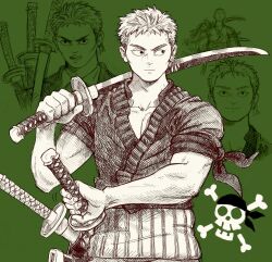1boy aten_man cheekbones dual_wielding earrings green_background greyscale haramaki highres holding holding_sword holding_weapon jewelry jolly_roger katana male_focus monochrome multiple_views muscular muscular_male one_piece one_piece_(live_action) roronoa_zoro short_hair short_sleeves skull_and_crossbones smile sword weapon