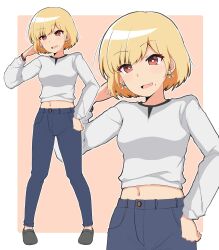1girl :d black_shoes blonde_hair blue_pants brown_eyes commentary earrings fang hand_in_own_hair hand_on_own_hip hand_up highres hiro_(05112423) jewelry legs_apart long_sleeves looking_at_viewer midriff mole mole_under_eye navel open_mouth original pants pink_background shirt shoes short_hair simple_background skin_fang smile solo standing white_shirt wing_earrings wristband zoom_layer