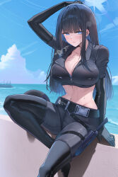 1girl arm_up black_boots black_gloves black_hair blue_archive blue_eyes blunt_bangs blush boots breasts breath closed_mouth elbow_gloves gloves highres large_breasts long_hair looking_at_viewer navel outdoors saori_(blue_archive) shougun_(chuckni1) smile solo thigh_boots water wet