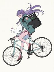 1girl bicycle blush china_dress chinese_clothes double_bun dress hair_bun highres kanya_pyi long_hair looking_at_viewer purple_hair ranma_1/2 red_dress red_eyes shampoo_(cat) shampoo_(ranma_1/2) simple_background solo white_background