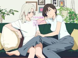 2girls blonde_hair blue_eyes blush brown_eyes brown_hair closed_mouth commentary_request couch cushion frown grey_pants holding_hands indoors kamo_kamen long_hair looking_at_another multiple_girls on_couch original pants plant potted_plant shirt short_hair short_sleeves slice_of_life watermark white_shirt yuri