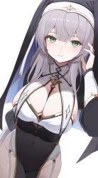 Rule 34 | 1girl, absurdres, black veil, blush, breast curtains, breasts, cleavage, closed mouth, coif, commentary, covered navel, garter straps, green eyes, grey hair, hair between eyes, has bad revision, has downscaled revision, highres, hololive, kinsuke z, large breasts, long hair, long sleeves, looking at viewer, md5 mismatch, nun, official alternate hairstyle, pelvic curtain, puffy long sleeves, puffy sleeves, resolution mismatch, shirogane noel, shirogane noel (battle nun), simple background, skindentation, smile, solo, source smaller, symbol-only commentary, thighs, veil, virtual youtuber, white background, white garter straps