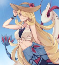 arm_behind_back artist_name blonde_hair blue_sarong brown_hat closed_mouth collarbone crop_top cynthia_(pokemon) cynthia_(summer_2025)_(pokemon) flower gen_3_pokemon hair_over_one_eye hat hat_flower long_hair looking_at_viewer milotic navel nintendo official_alternate_costume pokemon pokemon_(creature) pokemon_masters_ex sarong smile sun_hat symoca twitter_username very_long_hair