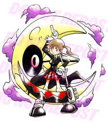 1girl absurdres black_coat boots closed_mouth cloud coat commentary commission dwalkn full_body gen_3_pokemon gloves highres holding holding_scythe looking_at_viewer lunatone maka_albarn necktie red_skirt scythe skirt soul_eater soul_eater_moon sugimori_ken_(style) white_gloves