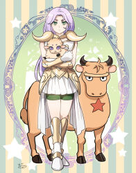 Rule 34 | 1boy, :3, androgynous, animal, aries muu, arm guards, armor, bike shorts, boots, bull, crossdressing, dress, fake horns, full body, gold armor, gold trim, green eyes, green shorts, hikimayu, holding, holding animal, holding sheep, horned armor, horns, kiki (saint seiya), knee boots, lamb, long hair, looking at viewer, magical boy, male focus, mizuhara aki, purple eyes, purple hair, saint seiya, sheep, sheep horns, short dress, shorts, sleeveless, sleeveless dress, solo focus, standing, star (symbol), taurus aldebaran, unibrow, white boots, white dress