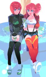 2girls aina_ardebit asymmetrical_legwear black_jacket black_sweater blazer blue_eyes cellphone crop_top denim denim_shorts grey_skirt heris_ardebit highres holding holding_phone jacket km_(ksolee1201) looking_at_phone multiple_girls navel pantyhose phone pink_hair promare red_jacket shoes short_hair short_shorts shorts siblings side_ponytail sisters sitting skirt smartphone sneakers stomach sweater tree uneven_legwear