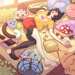 1girl animal_ears ball barefoot black_hair cat_ears cat_girl cat_tail cat_teaser cellphone character_doll charm_(object) chilchuck_tims claws closed_eyes commentary dungeon_meshi electric_fan english_commentary food game_console highres indoors izutsumi leaf lindriart lying nintendo_switch on_floor onigiri phone photo_(object) photo_album pillow plant polaroid_photo rug shirt sleeping solo t-shirt tail teapot walking_mushroom_(dungeon_meshi) yellow_shirt